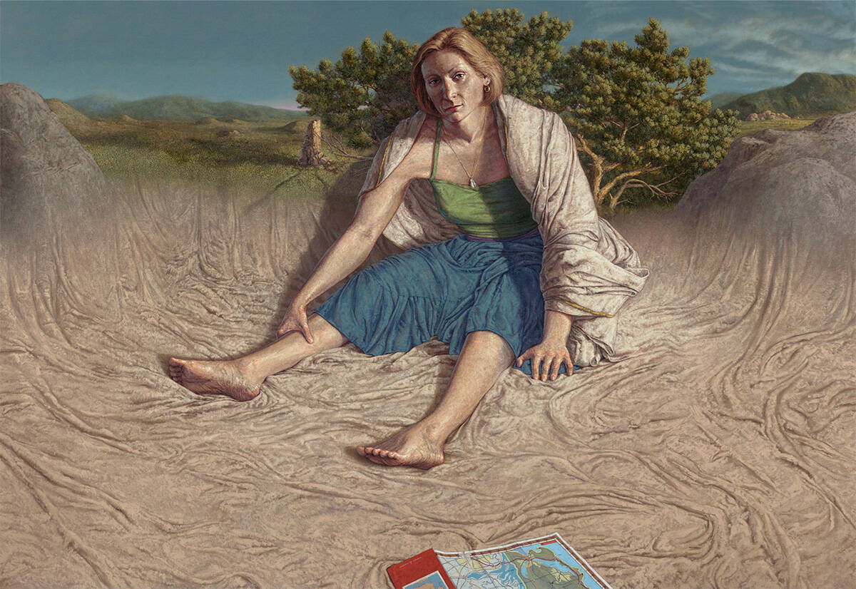 Painting of a woman holding her leg, seated in a sand dune. She wears a blue and green dress with a white shawl.